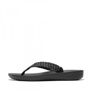 Black Fitflop Iqushion Cotton Webbing Flip Flops Women's Flip Flops | UAE-8047-MLYQJ