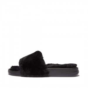 Black Fitflop Iqushion Shearling Slides Women's Slides | UAE-0651-XSQLZ