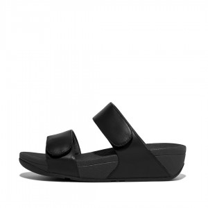 Black Fitflop Lulu Adjustable Metallic Leather Women's Slides | UAE-9632-PINJB