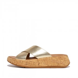 Gold Fitflop F-Mode Metallic Cross Slides Women's Slides | UAE-4650-DISXU