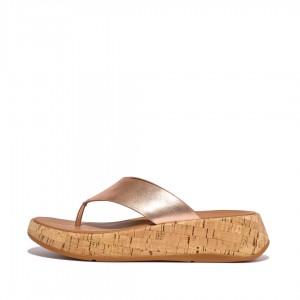 Gold Fitflop F-Mode Metallic & Cork Women's Sandals | UAE-8542-URGEL