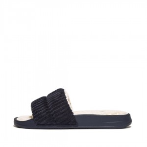 Navy Fitflop Iqushion Corduroy Polyester Slides Women's Slides | UAE-0792-EUBWY