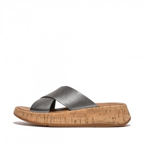 Silver Fitflop F-Mode Metallic Cross Slides Women's Slides | UAE-4126-MZEIB