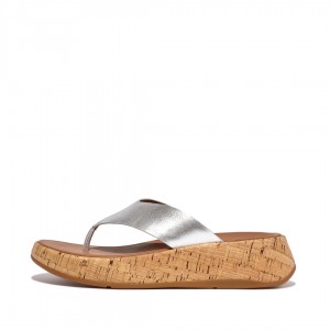 Silver Fitflop F-Mode Metallic & Cork Women's Sandals | UAE-8539-DUKZL