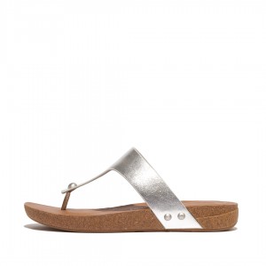 Silver Fitflop Iqushion Leather Thongs Women's Toe-Post Sandals | UAE-7532-WRLDT