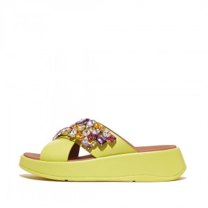 Yellow Fitflop F-Mode Leather Women's Slides | UAE-0372-OJUIK