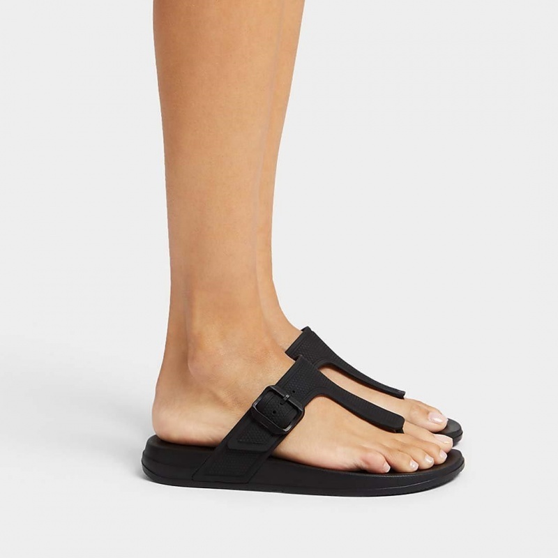 Black Fitflop Iqushion Adjustable Buckle Women's Flip Flops | UAE-0365-GZTLQ