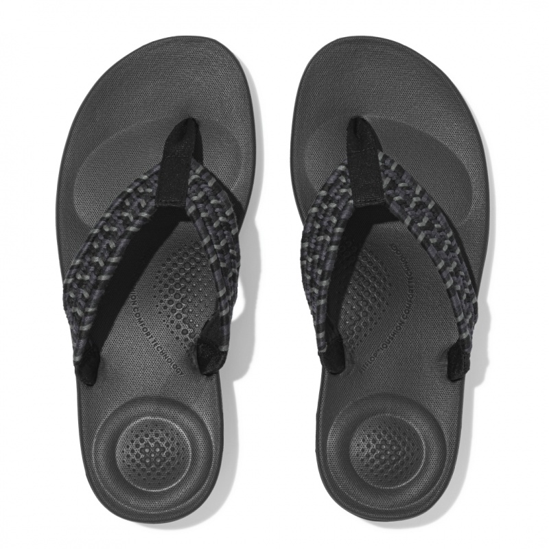 Black Fitflop Iqushion Cotton Webbing Flip Flops Women's Flip Flops | UAE-8047-MLYQJ