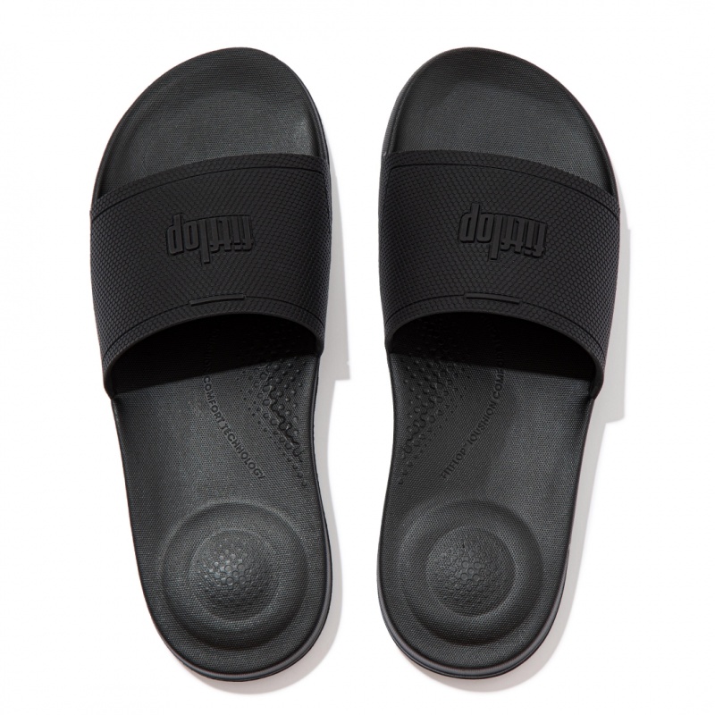 Black Fitflop Iqushion Rubber Men's Slides | UAE-0368-YAHBT