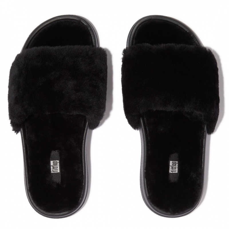 Black Fitflop Iqushion Shearling Slides Women's Slides | UAE-0651-XSQLZ