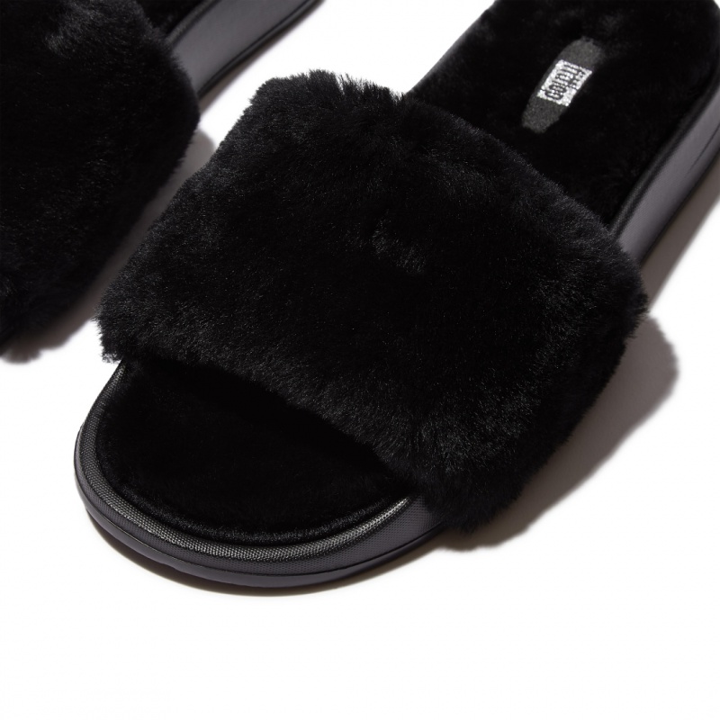 Black Fitflop Iqushion Shearling Slides Women's Slides | UAE-0651-XSQLZ