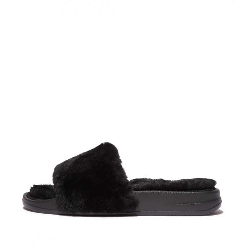 Black Fitflop Iqushion Shearling Slides Women\'s Slides | UAE-0651-XSQLZ