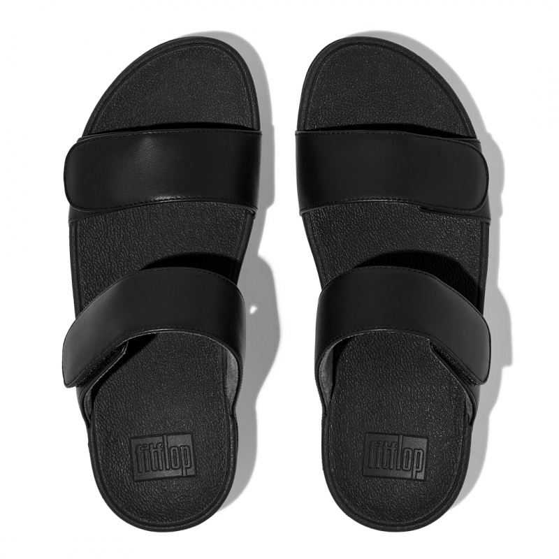 Black Fitflop Lulu Adjustable Metallic Leather Women's Slides | UAE-9632-PINJB