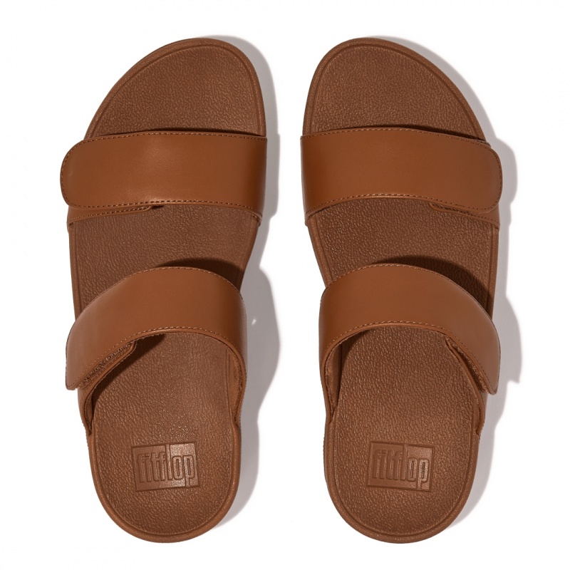 Brown Fitflop Lulu Adjustable Metallic Leather Women's Slides | UAE-3918-GAPSI