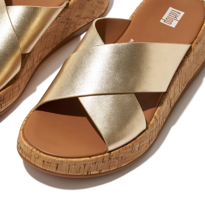 Gold Fitflop F-Mode Metallic Cross Slides Women's Slides | UAE-1367-GADSF