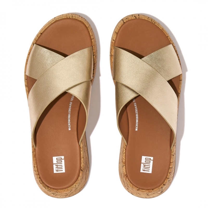 Gold Fitflop F-Mode Metallic Cross Slides Women's Slides | UAE-1367-GADSF