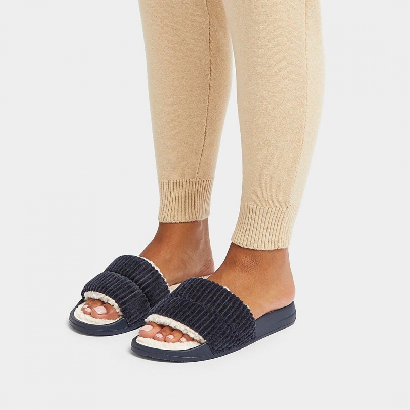 Navy Fitflop Iqushion Corduroy Polyester Slides Women's Slides | UAE-0792-EUBWY