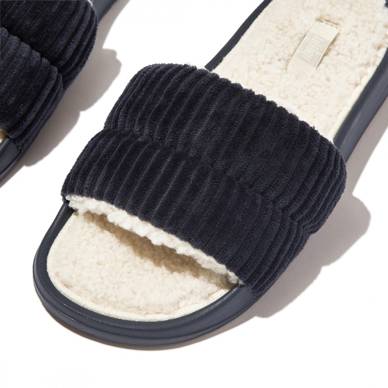 Navy Fitflop Iqushion Corduroy Polyester Slides Women's Slides | UAE-0792-EUBWY