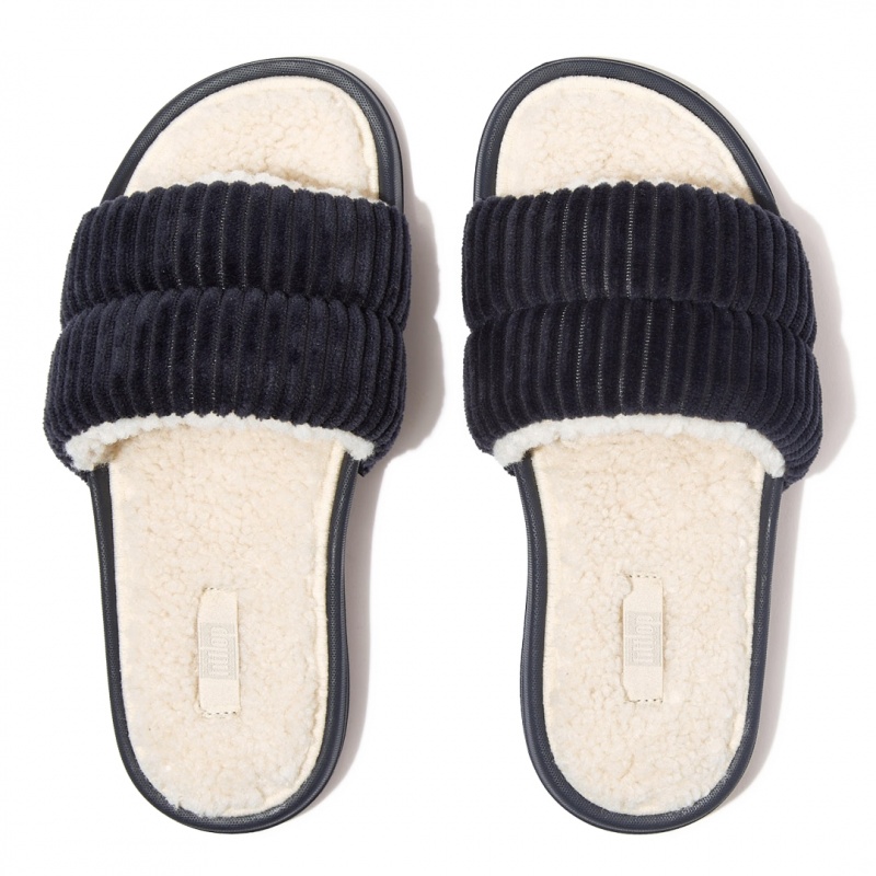 Navy Fitflop Iqushion Corduroy Polyester Slides Women's Slides | UAE-0792-EUBWY