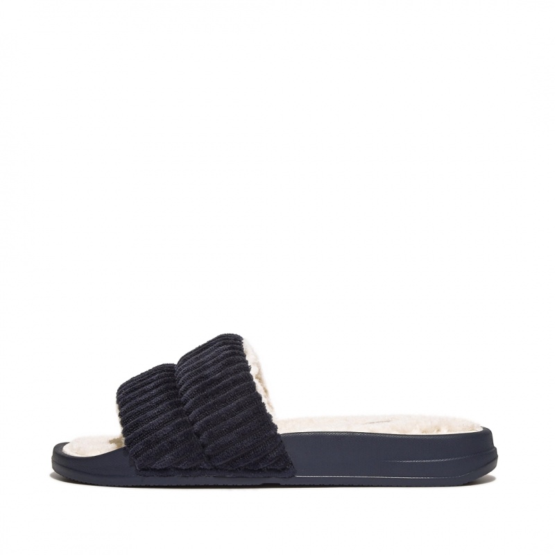 Navy Fitflop Iqushion Corduroy Polyester Slides Women\'s Slides | UAE-0792-EUBWY