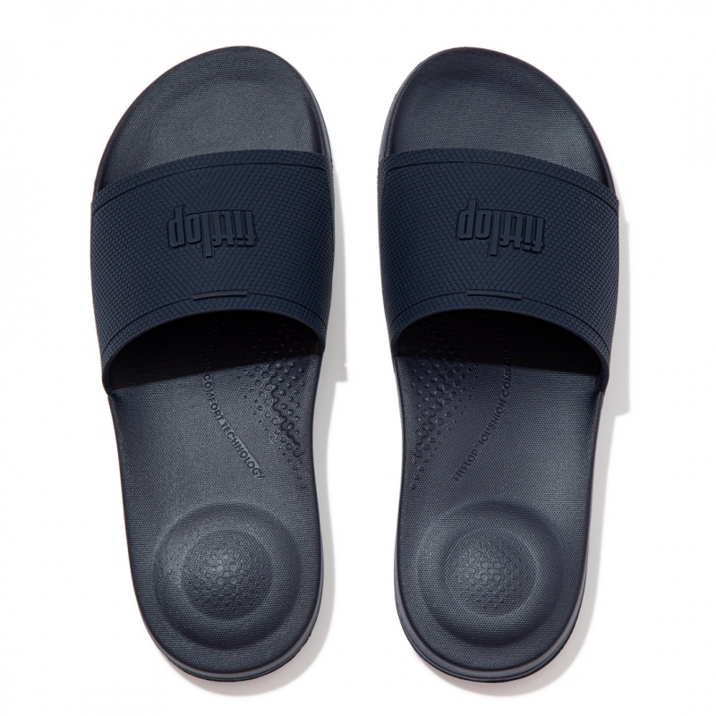 Navy Fitflop Iqushion Rubber Men's Slides | UAE-0732-KWEQI