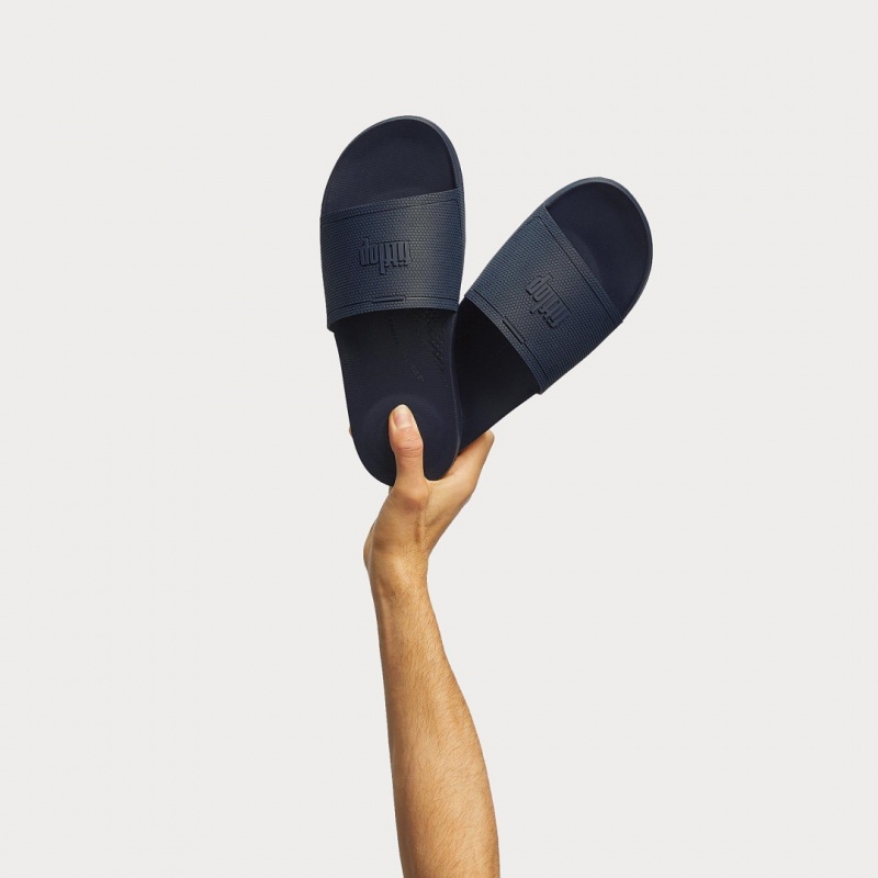 Navy Fitflop Iqushion Rubber Men's Slides | UAE-0732-KWEQI