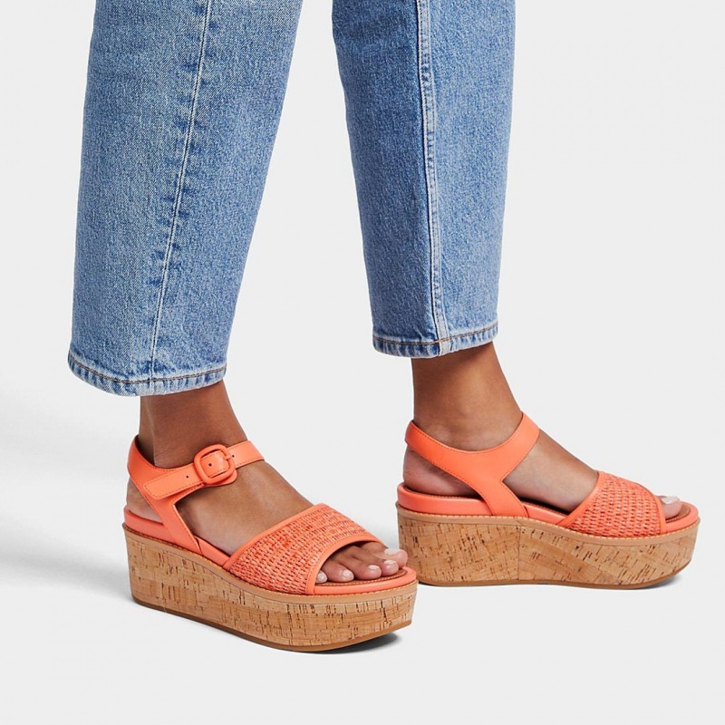 Orange Fitflop Eloise Faux Raffia Back Strap Women's Wedge Sandals | UAE-4031-GJZSU