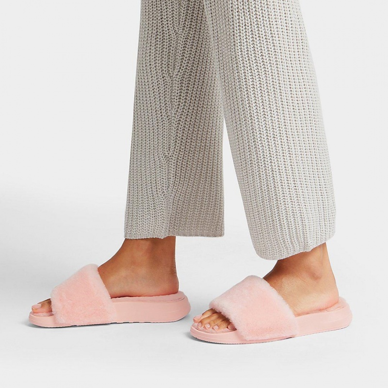 Pink Fitflop Iqushion Shearling Slides Women's Slides | UAE-0984-NGIKJ