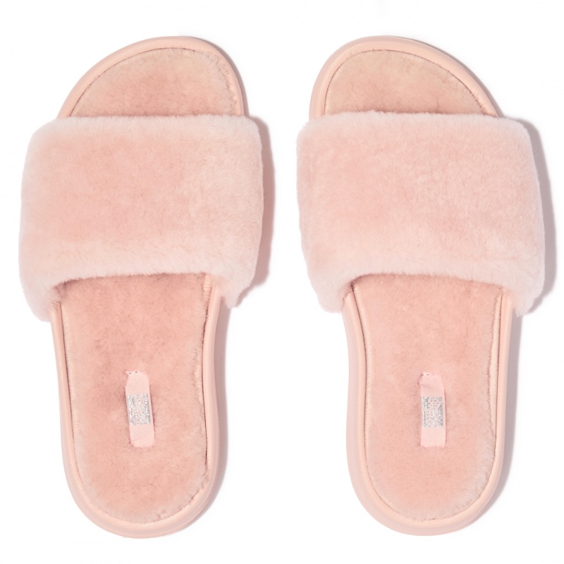 Pink Fitflop Iqushion Shearling Slides Women's Slides | UAE-0984-NGIKJ