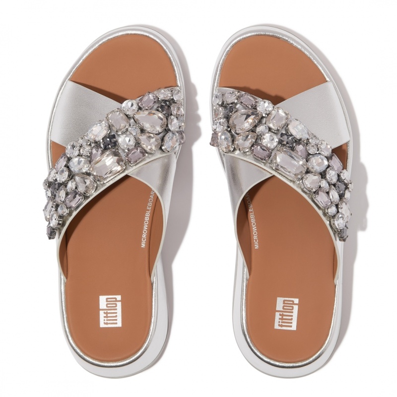 Silver Fitflop F-Mode Leather Women's Slides | UAE-7490-EGYTK