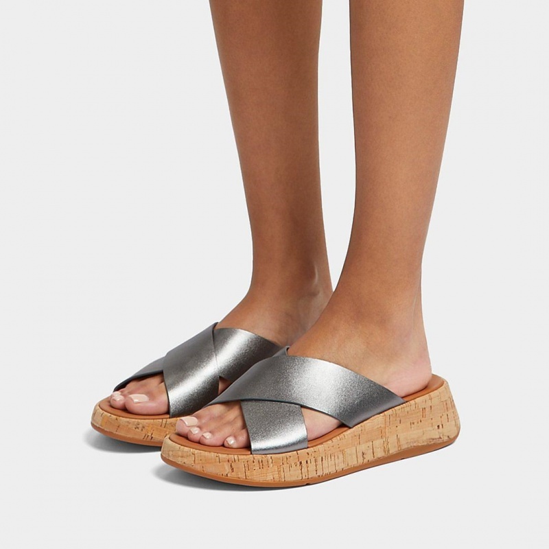 Silver Fitflop F-Mode Metallic Cross Slides Women's Slides | UAE-4126-MZEIB