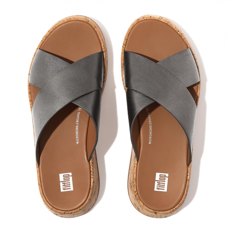 Silver Fitflop F-Mode Metallic Cross Slides Women's Slides | UAE-4126-MZEIB