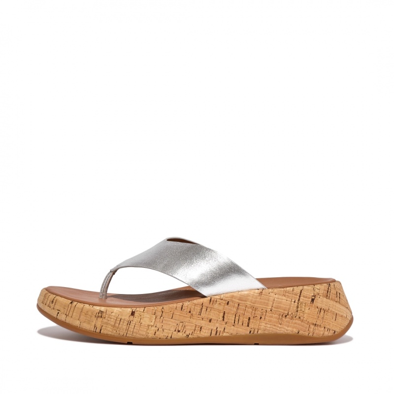 Silver Fitflop F-Mode Metallic & Cork Women\'s Sandals | UAE-5872-SAGWJ