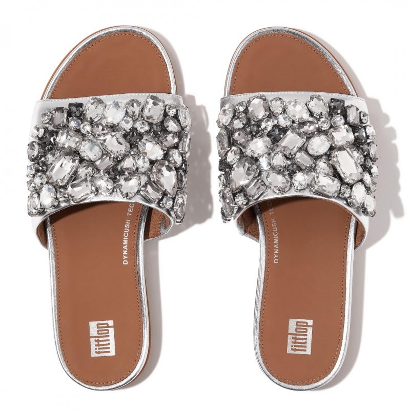 Silver Fitflop Gracie Leather Women's Slides | UAE-4816-DCLZI