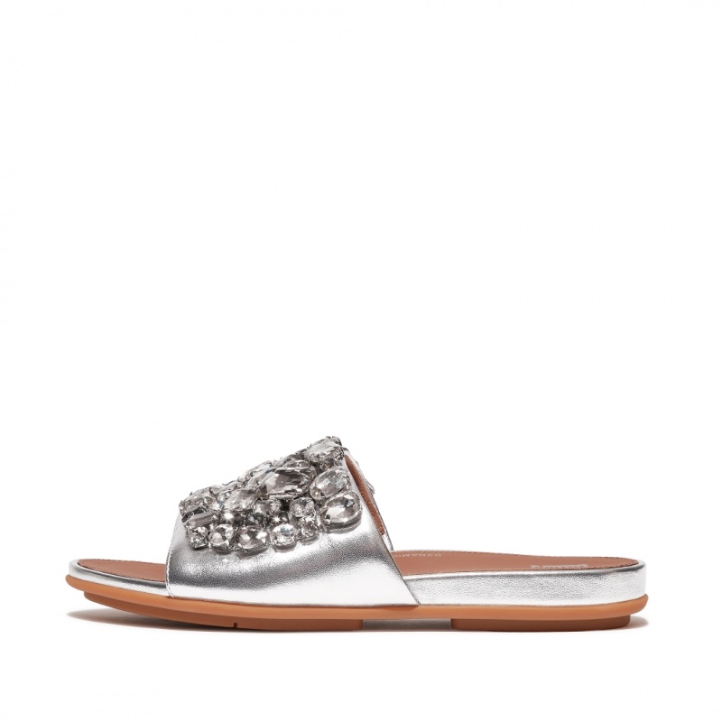 Silver Fitflop Gracie Leather Women\'s Slides | UAE-4816-DCLZI