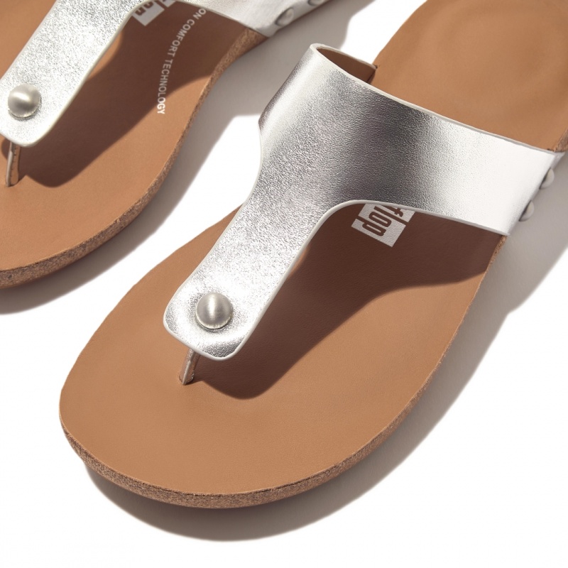 Silver Fitflop Iqushion Leather Thongs Women's Toe-Post Sandals | UAE-7532-WRLDT