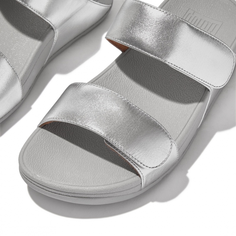 Silver Fitflop Lulu Adjustable Metallic Leather Women's Slides | UAE-2094-WMSIU