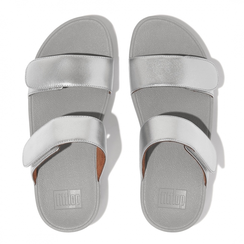 Silver Fitflop Lulu Adjustable Metallic Leather Women's Slides | UAE-2094-WMSIU