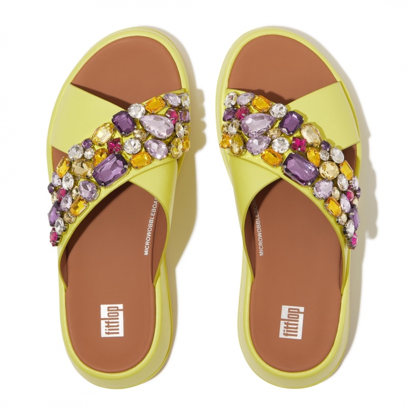 Yellow Fitflop F-Mode Leather Women's Slides | UAE-0372-OJUIK